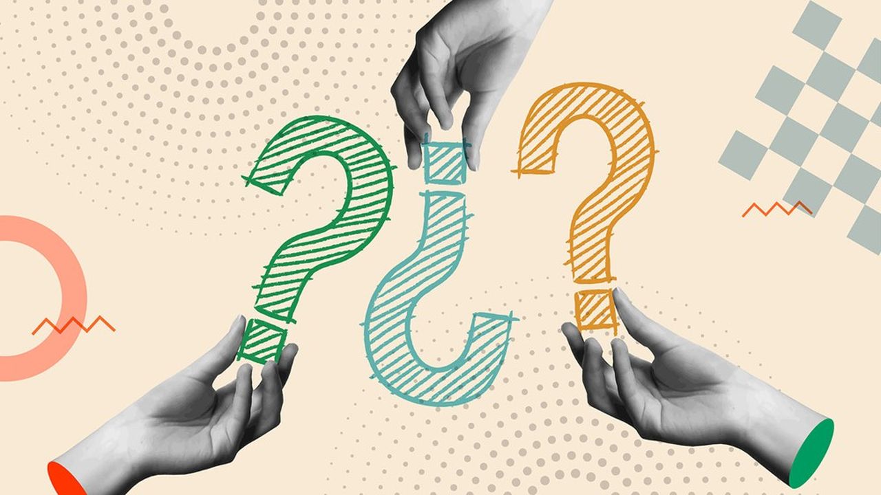 Question marks and human hands in retro collage vector illustration